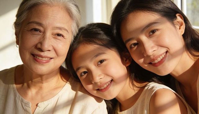 Three generations smiling together in sunlit home with warm window shadow stripes family bond