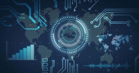 Futuristic Interface with HUD Over Global Map and Circuits