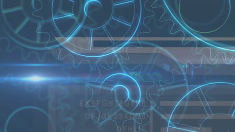 Abstract Blue Background with Glowing Cogs and Digital Elements