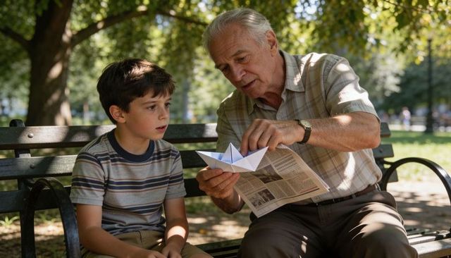 Grandfather teaching boy paper boat on park bench, intergenerational bonding in sunlit park