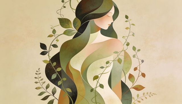 Botanical female silhouette forming from layered organic shapes and vines on parchment