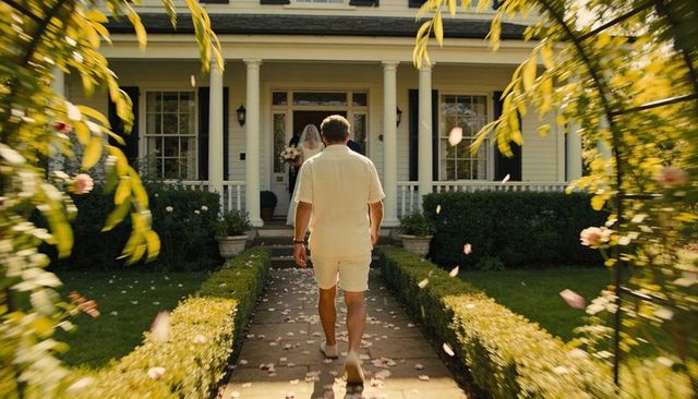 Man walking through rose arch toward bride on classic white house porch with falling petals