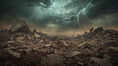 Dramatic post-apocalyptic storm over earthquake ruined landscape