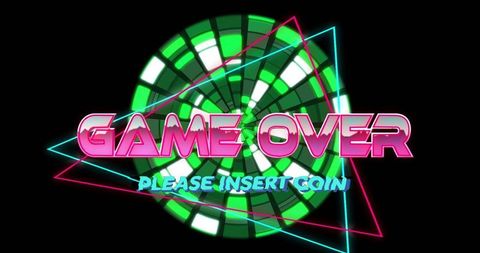Neon game over screen with coin insert message