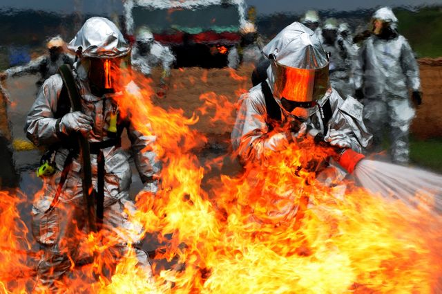 Firefighters in hazardous materials suits battling intense flames with fire hoses. Useful for illustrating disaster response, fire safety training, emergency services, and the equipment and expertise needed in hazardous material situations.