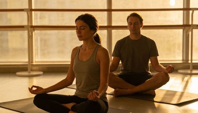 Couple meditating on yoga mats in sunlit studio practicing mindfulness, balance and calm