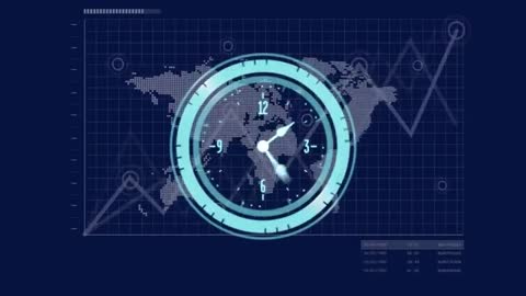 Digital Clock Animation with World Map and Data Charts