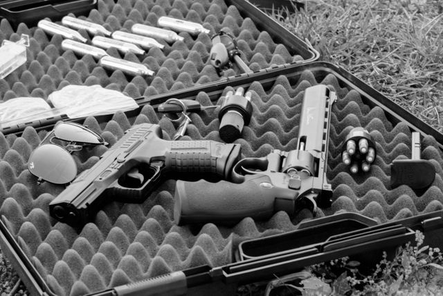 Close-up view of handguns and various firearm accessories neatly organized in a protective carrying case outdoors. Presented in black and white, this image highlights the details of the guns and their components. Useful for illustrating concepts related to law enforcement, security, shooting sports, and firearm safety training.