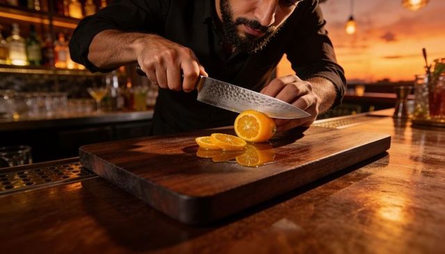 Bearded mixologist slicing orange with hammered knife on wooden board at sunset bar