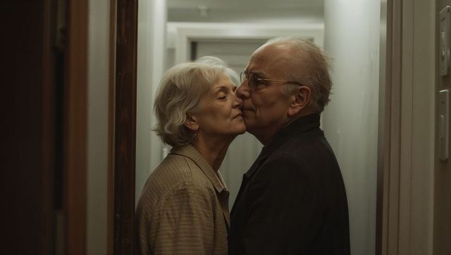 Senior couple sharing quiet kiss in narrow home hallway conveying intimacy and warmth
