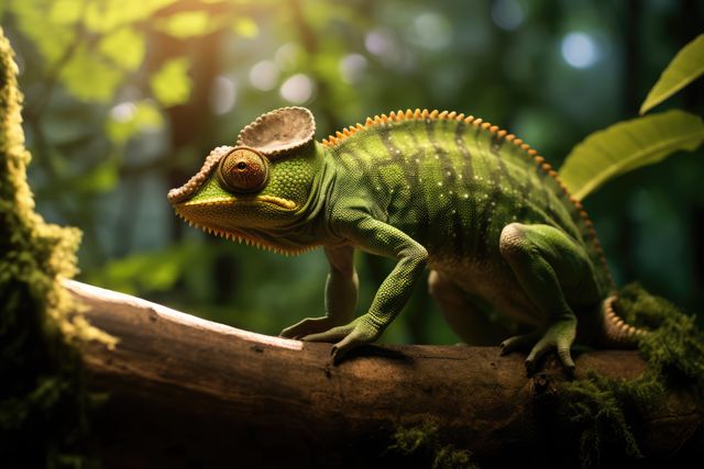 Green chameleon resting on a tree branch in a lush jungle environment. Perfect for articles or presentations on wildlife, nature photography, rainforest ecosystems, animal behavior, and exotic pets.