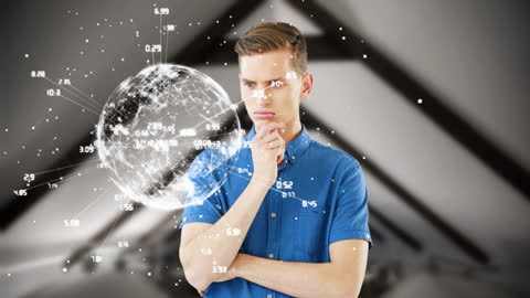 Man Contemplating Global Digital Data Overlay with Hologram
