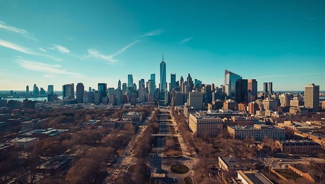 Aerial new york city skyline at golden hour with one world trade center and reflecting pools