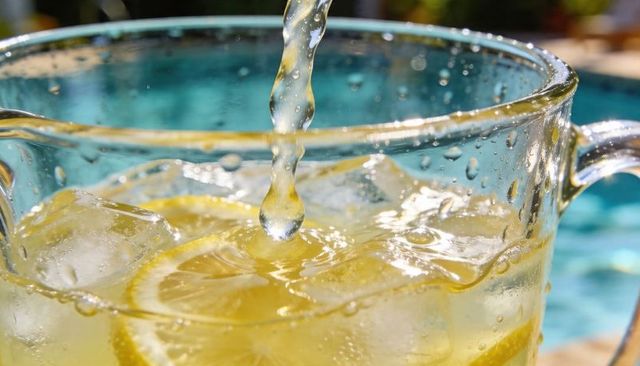 Pouring refreshing lemonade into glass pitcher by pool with ice and condensation