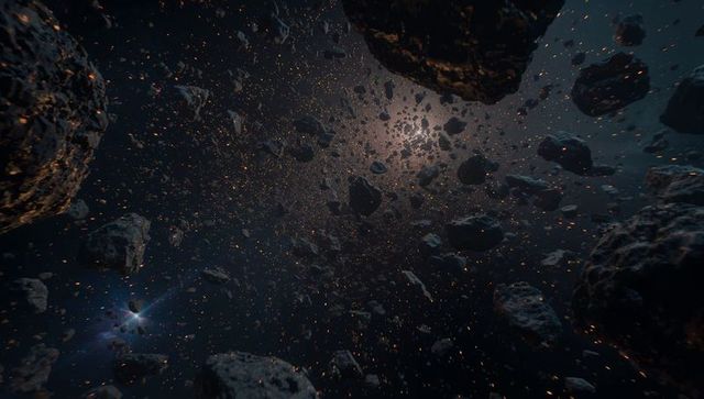 Drifting asteroid field with glowing ember fragments, nebula glow and scattered sparks