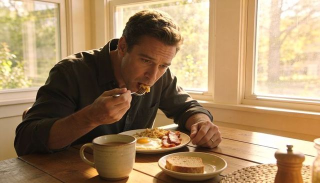 Man eating sunlit breakfast at window table, enjoying eggs, bacon and coffee in morning calm