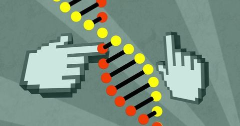 Digital illustration of dna strand with pixelated hands interaction