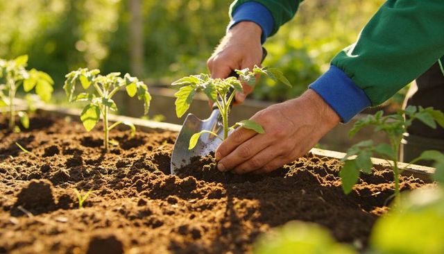 Planting tomato seedling in raised bed with trowel hands working in warm sunlight