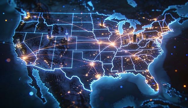 Neon network map connecting major us cities with glowing borders and data links