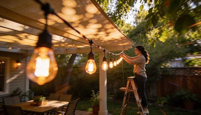Adjusting edison string lights on ladder for cozy backyard patio dining at twilight