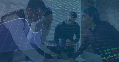 Diverse Team Collaborating on Stock Market Analysis with Digital Charts