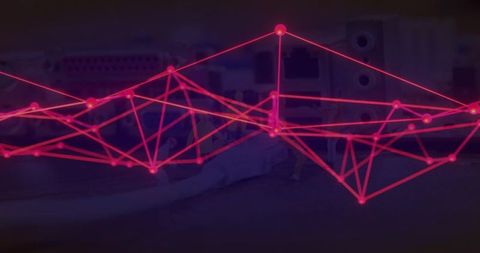 Reclining Figure Wearing Light Top Lying on Rug with Magenta Neon Network Overlay