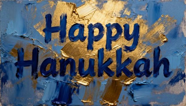 Handlettered happy hanukkah gold leaf on blue impasto canvas with metallic texture