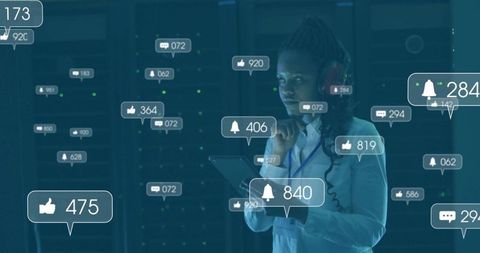 IT Professional Monitoring Server Racks with Notifications Overlay