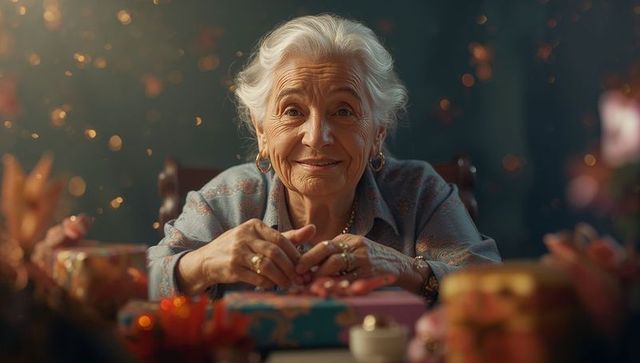 Smiling Senior Woman Wrapping Gifts Amid Holiday Confetti