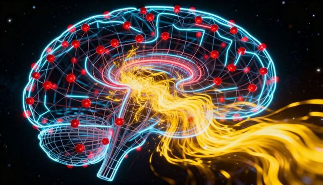 Pulsing neon brain wireframe emitting golden energy ribbons for neural network visualization
