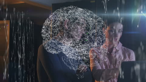 Futuristic Networking with Digital Brain Overlay in Modern Office