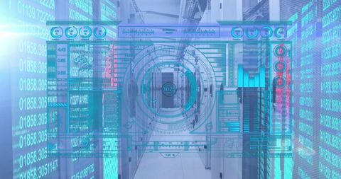 Futuristic digital data processing overlay on data center