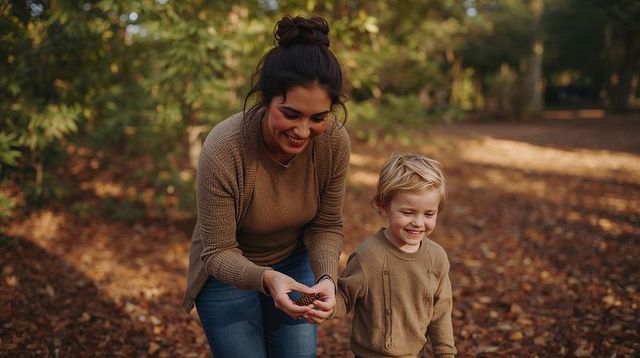Woman and child collecting pine cones on autumn woodland trail, smiling outdoors