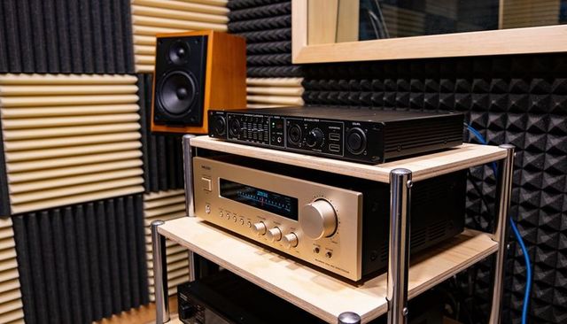 Compact audio rack with preamp, amplifier and acoustic foam panels in recording studio