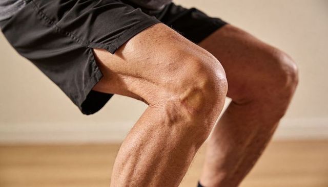 Muscular male legs flexing in black athletic shorts showing calf veins and definition