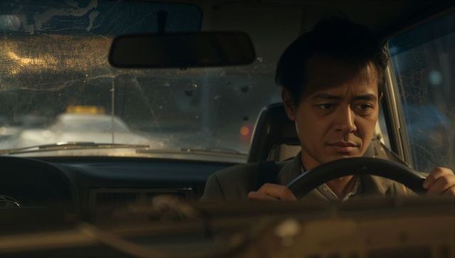 Cinematic portrait of asian driver gripping steering wheel at dusk with smudged windshield