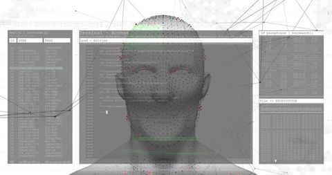 Male 3d head with facial landmarks in cybersecurity hud biometrics visualization