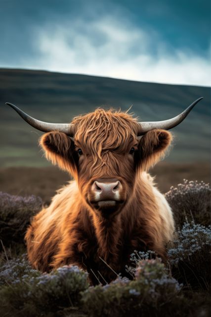 Portrait of highland cow lying in grass in mountains, created using generative ai technology - Download Free Stock Photos Pikwizard.com