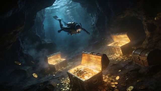 Scuba diver discovering glowing treasure chests and gold coins in underwater cave