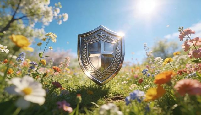 Shining Ornate Shield Catching Sunlight in Wildflower Meadow with Spring Blossoms