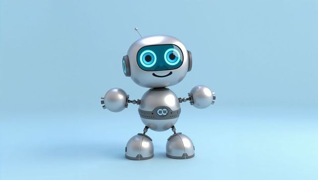 Friendly silver robot standing with glowing blue eyes, antenna, jointed limbs and dome feet