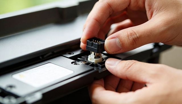 Precision technician hands connecting electronic connector with gold pins for repair and assembly