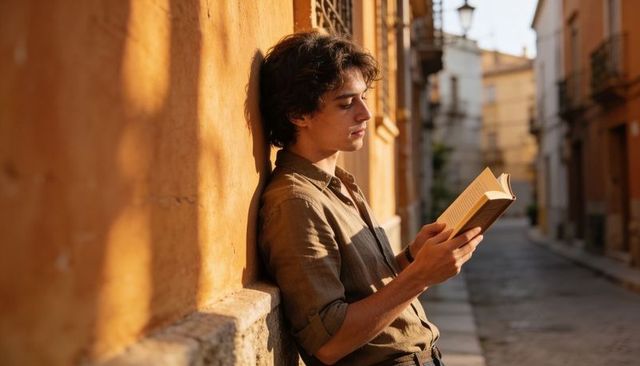 Sunlit young man reading paperback leaning on ochre wall in historic alleyway golden hour