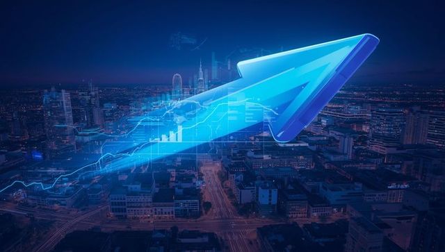 Futuristic blue arrow in cityscape symbolizing progress