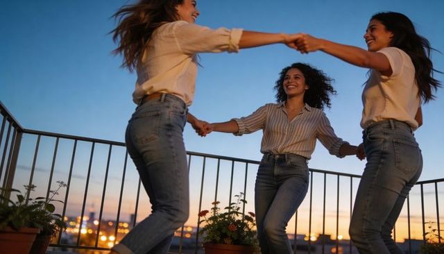 Holding hands on rooftop at sunset: friends dancing and laughing on urban balcony