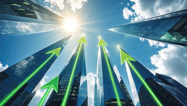 Upward trend concept with neon arrows and skyscrapers