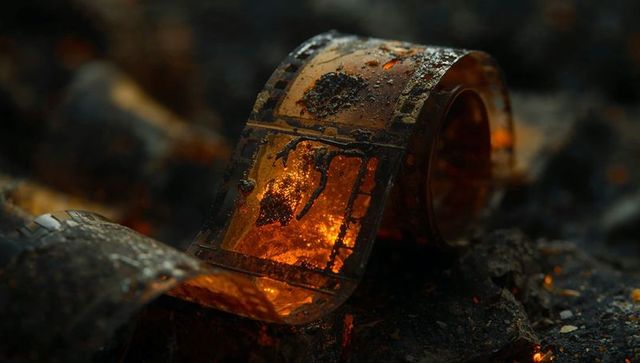Scorched film strip with glowing embers in ashes