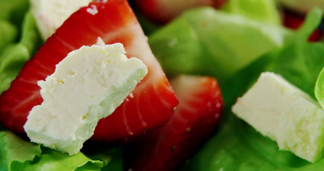Image shows a nutritious and colorful salad composed of fresh strawberries, pieces of feta cheese, and leafy greens. Great for promoting healthy eating, restaurant menus, food blogs, or nutritional articles.