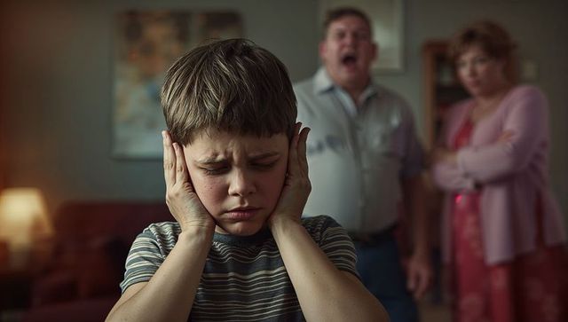 Stressed child blocking ears in tense family argument