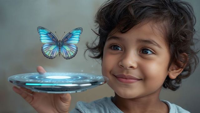 Child holding glowing circular platform watching holographic blue-green butterfly